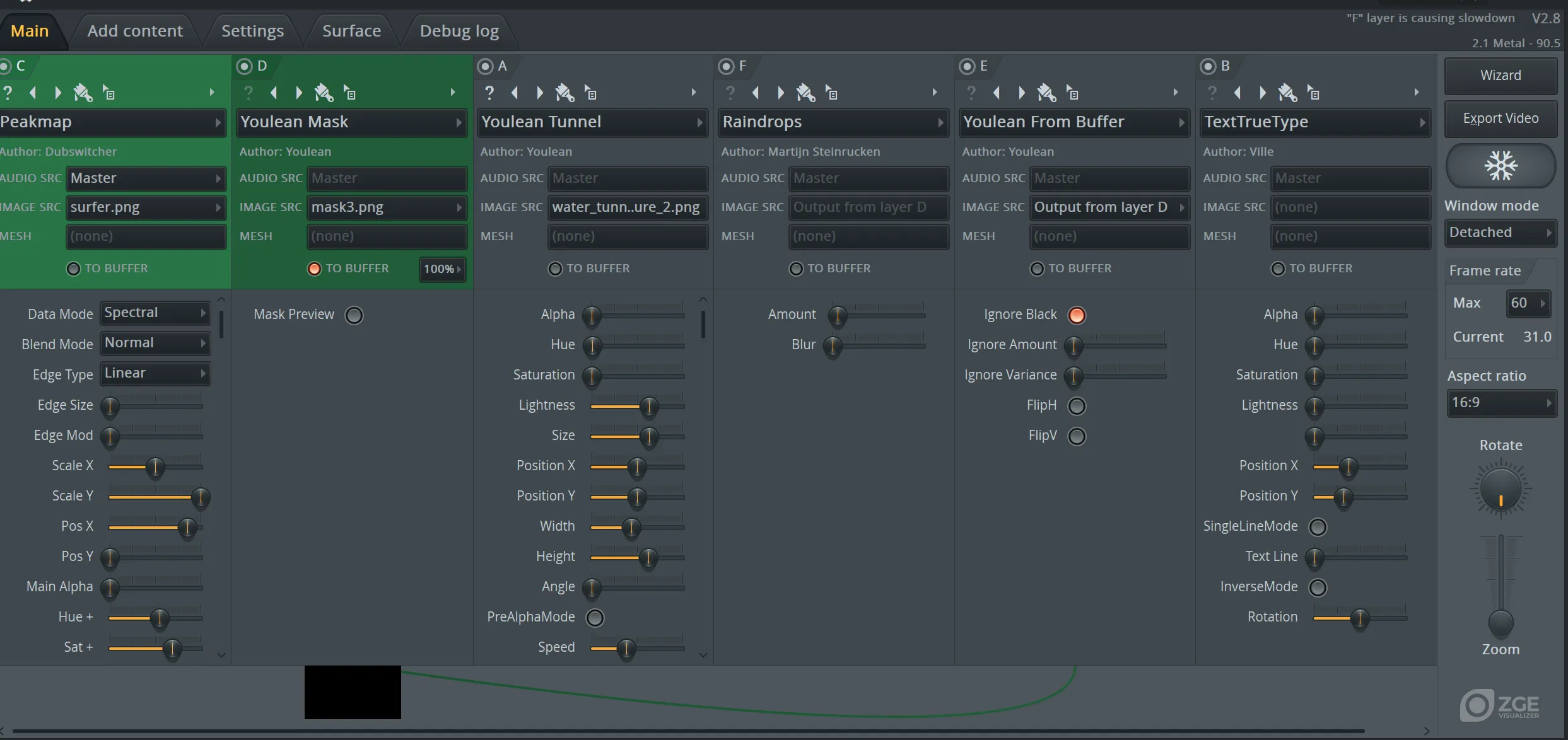 ZGameEditor Visualizer patch showing Peakmap, Youlean Mask, Youlean Tunnel, Raindrops, Youlean From Buffer, and TextTrueType in layer order
